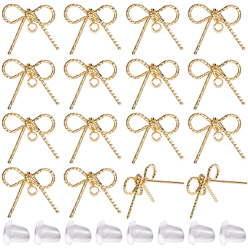 30Pcs Alloy Stud Earring Findings, Bowknot, 30Pcs Plastic Ear Nuts, Golden, 13x15mm, Hole: 1.6mm, Pin: 11x0.8mm