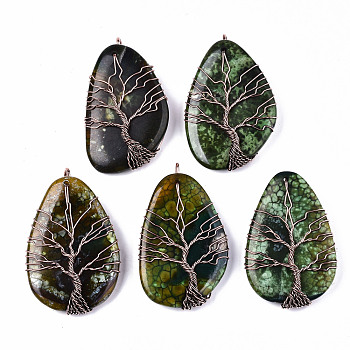 Natural Fire Agate Big Pendants, with Brass Findings, Wire Wrapped Pendants, Teardrop with Tree, 60~67x38~42x12~14mm, Hole: 5~6mm