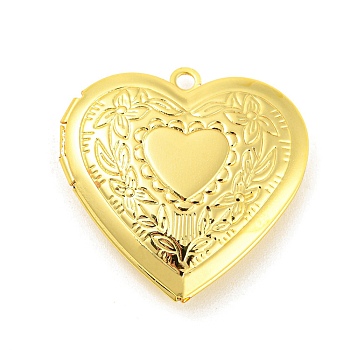 Rack Plating Brass Locket Pendants, Photo Frame Pendants for Necklaces, Cadmium Free & Lead Free, Heart with Flower Charm, Real 18K Gold Plated, 29x29x7mm, Hole: 2mm, Inner Diameter: 20x21mm