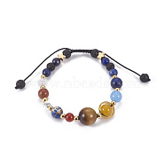 Natural Mixed Stone Braided Beads Bracelets, with Brass Findings and Nylon Cord, Universe Galaxy The Nine Planets Guardian Star, Lead Free & Cadmium Free , 2 inch(5cm)~2-3/4 inch(7cm)(BJEW-JB04141)