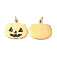 Halloween Ion Plating(IP) 304 Stainless Steel Charms, with Enamel and Jump Ring, Golden, Pumpkin Charm, Black, 12x14x1.5mm, Hole: 2.6mm(STAS-D066-07G)