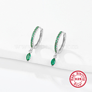 Rhodium Plated 925 Sterling Silver Hoop Earring for Dangle Earrings, with Horse Eye Cubic Zirconia Dangle Charms, Sea Green, 19x2mm(NC3704-13)