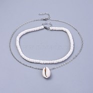 Shell Necklace Sets, with Shell Beads, Brass Cable Chains and 304 Stainless Steel Findings, with Burlap Paking Pouches Drawstring Bags, Platinum, 13.7~18.3 inch(35~46.5cm), 3~7mm, 2pcs/set(NJEW-JN02410)