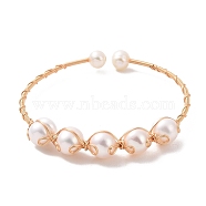 Natural Pearl Beaded Cuff Bangles, Copper Wire Wrapped Jewelry,, Long-Lasting Plated, Light Gold, Inner Diameter: 2-1/8 inch(5.5cm)(BJEW-JB09416)