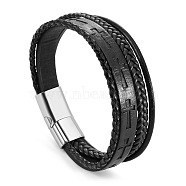 Multi-Layer Braided Leather Cord Bracelets, with Magnetic Buckles, Black, 8-1/4 inch(21cm)(PW-WG46409-02)