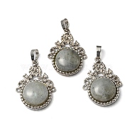 Natural Labradorite Pendants, with Rack Plating Brass Findings, Cadmium Free & Lead Free, Flat Round & Flower, 34~34.5x25.5~26x8.5~9mm, Hole: 8x5.5mm(G-P498-01P-01)