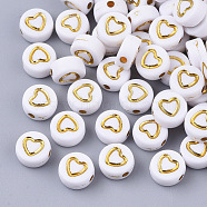 Plating Acrylic Beads, Metal Enlaced, Flat Round with Heart, Golden Plated, 7x4mm, Hole: 1.5mm, about 3700pcs/500g(PACR-Q112-08)