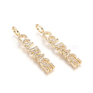 Brass Micro Pave Clear Cubic Zirconia Pendants, Word Courage, Golden, 40x6.5x2.5mm, Hole: 3.5x5.5mm(ZIRC-L085-44G)