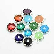 Silver Color Plated Brass Glass Pendants, Flat Round, Mixed Color, 18x15x5mm, Hole: 2mm(GLAA-J018D-S)