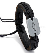 Alloy Rectangle with Jesus Fish Link Bracelet, Cattlehide Adjustable Bracelet, Black, 6-3/4~7-1/8 inch(17~18cm)(WG74162-01)