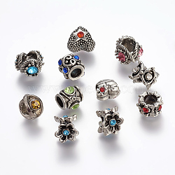 Alloy Rhinestone European Beads, Large Hole Beads, Antique Silver Color, Size: about 6~12mm long, round: 4~5mm in diameter(X-PALLOY-S002)