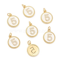 Brass Micro Pave Clear Cubic Zirconia Charms, Long-Lasting Plated, with Jump Rings and White Enamel, Flat Round with Number, Real 18K Gold Plated, Num.5, 14.5x12x2mm, Hole: 1.5mm(ZIRC-I052-16G-05)