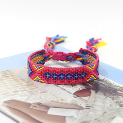 Polyester Braided Rhombus Pattern Cord Bracelet, Ethnic Tribal Adjustable Brazilian Bracelet for Women, Deep Pink, 5-7/8 inch(15cm)(FIND-PW0013-004A-10)
