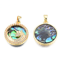 Brass Micro Pave Clear Cubic Zirconia Pendants, with Synthetic Abalone Shell/Paua Shells, Unicorn Charms, Real 18K Gold Plated, Nickel Free, Flat Round, Colorful, 19x16.5x3mm, Hole: 2.5x4mm(KK-N233-403)