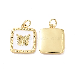 Square with Butterfly Pattern Brass Enamel Pendants, with Jump Rings, Cadmium Free & Nickel Free & Lead Free, Real 18K Gold Plated, White, 17x14x2mm, Hole: 3.4mm(KK-G435-12G)
