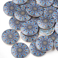 Printed Wooden Pendants, Flat Round, Sky Blue, 30x5mm, Hole: 1mm(X-WOOD-S045-034E)