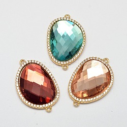 Faceted Nuggets Brass Glass Links connectors, with Rhinestone, Cadmium Free & Nickel Free & Lead Free, Long-Lasting Plated, Golden, Mixed Color, 29x18.5x6mm, Hole: 1mm(KK-L137-13-NR)