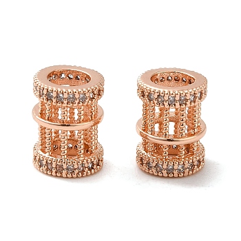 Rack Plating Brass Cubic Zirconia European Beads, Large Hole Beads, Long-Lasting Plated, Lead Free & Cadmium Free, Hollow Column, Real Rose Gold Plated, 9.5x7.5mm, Hole: 4.5mm