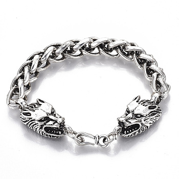 Men's Alloy Wheat Chain Bracelets, Dragon, Antique Silver, 8-7/8 inch(22.5cm)