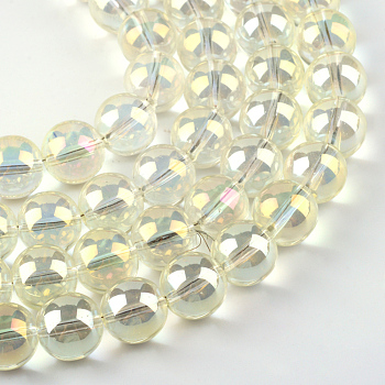 Electroplate Glass Beads Strands, Rainbow Plated, Round, Light Goldenrod Yellow, 9.5x10.5mm, Hole: 1.5mm, about 82pcs/strand, 29.9 inch