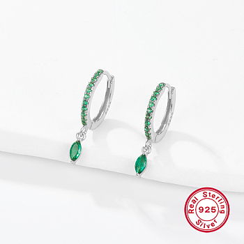 Rhodium Plated 925 Sterling Silver Hoop Earring for Dangle Earrings, with Horse Eye Cubic Zirconia Dangle Charms, Sea Green, 19x2mm
