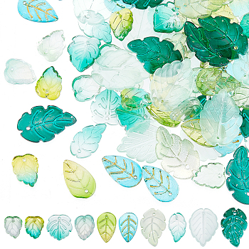 100Pcs 10 Style Transparent Glass Pendants, Strawberry Leaf, Mixed Color, 10pcs/style