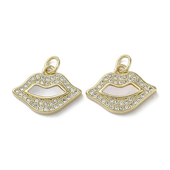 Brass Micro Pave Cubic Zirconia Pendants, with Shell, Lip, Real 18K Gold Plated, 13x18x3mm, Hole: 3mm