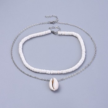 Shell Necklace Sets, with Shell Beads, Brass Cable Chains and 304 Stainless Steel Findings, with Burlap Paking Pouches Drawstring Bags, Platinum, 13.7~18.3 inch(35~46.5cm), 3~7mm, 2pcs/set
