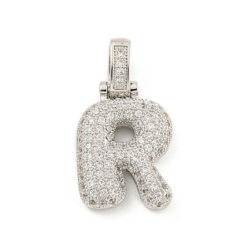 Brass Micro Pave Clear Cubic Zirconia Pendants, Platinum, Letter R, 31x17x5mm, Hole: 3x6mm