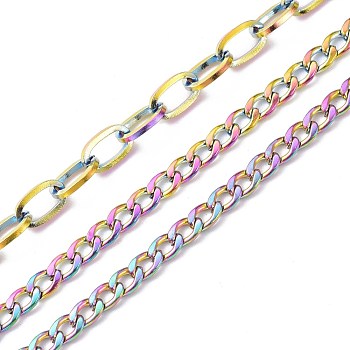 Stainless Steel Chains, with Cable Chain & Curb Chain, Unwelded, Rainbow Color, 4.5~6.5x3~4x1mm, 39.37 inch(1m)