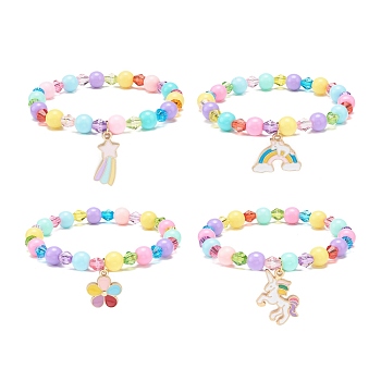 Colorful Acrylic Beaded Stretch Bracelet with Alloy Enamel Charms for Women, Mixed Patterns, Inner Diameter: 2 inch(5.2cm)