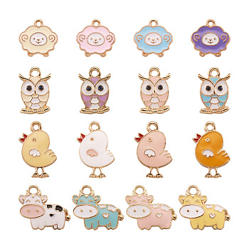 32Pcs 4 Style Alloy Enamel Pendants, Light Gold, Chick & Cow & Owl & Sheep, Mixed Color, 14~20x11.5~19x1~3.5mm, Hole: 1.5~2.5mm, 8pcs/style