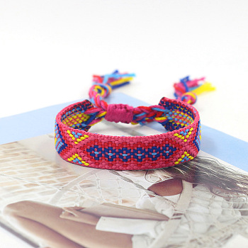 Polyester Braided Rhombus Pattern Cord Bracelet, Ethnic Tribal Adjustable Brazilian Bracelet for Women, Deep Pink, 5-7/8 inch(15cm)