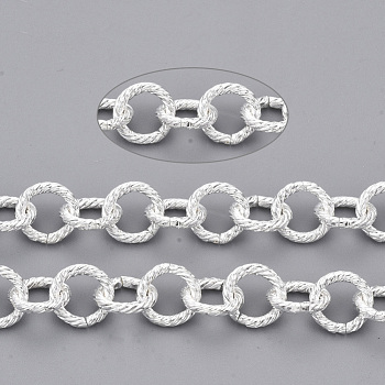 Iron Rolo Chains, Belcher Chain, Unwelded, with Spool, Textured, Silver, Link: 9x1.5mm, about 39.37 Feet(12m)/roll