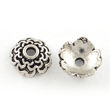 Tibetan Style Alloy Bead Caps, Cadmium Free & Lead Free, Flower, Antique Silver, 7x3mm, Hole: 1mm, about 5263pcs/1000g