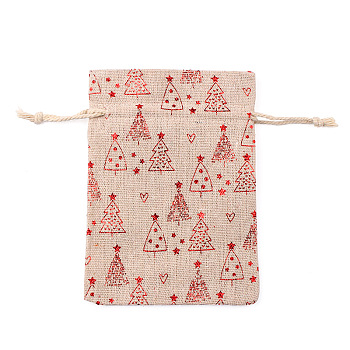 Christmas Theme Linenette Drawstring Bags, Rectangle, Christmas Tree Pattern, 18x13cm