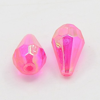 Opaque Eco-Friendly Poly Styrene Acrylic Beads, AB Color Plated, Faceted, teardrop, Hot Pink, 12.5x8mm, Hole: 1.5mm, about 1666pcs/500g