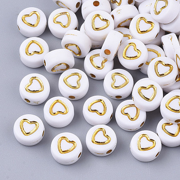 Plating Acrylic Beads, Metal Enlaced, Flat Round with Heart, Golden Plated, 7x4mm, Hole: 1.5mm, about 3700pcs/500g