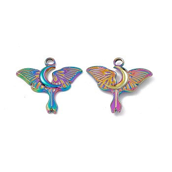 Ion Plating(IP) 304 Stainless Steel Pendants, Butterfly with Moon Charm, Rainbow Color, 24x25x2mm, Hole: 3mm