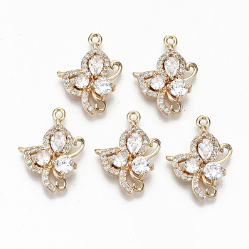 Brass Micro Pave Cubic Zirconia Pendants, Light Gold, Long-Lasting Plated, Cadmium Free & Lead Free, Flower, Clear, 23x17.5x4mm, Hole: 1.6mm