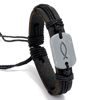 Alloy Rectangle with Jesus Fish Link Bracelet, Cattlehide Adjustable Bracelet, Black, 6-3/4~7-1/8 inch(17~18cm)