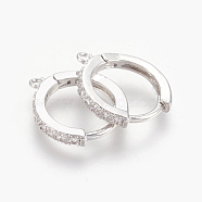 Brass Micro Pave Cubic Zirconia Huggie Hoop Earring Findings, Clear, Platinum, 16x14x2mm, Hole: 1mm, Pin: 1mm(KK-O112-13P)