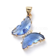 Brass Micro Pave Clear Cubic Zirconia Pendants, with Glass, Butterfly, Golden, Cornflower Blue, 24x21.5x4mm(ZIRC-P079-D01-05)