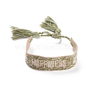 Word Happiness Polycotton(Polyester Cotton) Braided Bracelet with Tassel Charm, Flat Adjustable Wide Wristband for Couple, Olive Drab, Inner Diameter: 2~3-1/8 inch(5~8cm)(BJEW-F429-12)