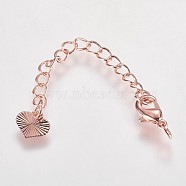 Long-Lasting Plated Brass Chain Extender, with Lobster Claw Clasps and Heart Tips, Real Rose Gold Plated, 65x3mm, Hole: 2.5mm(KK-K210-05RG)