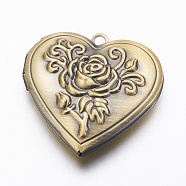 Brass Locket Pendants, Heart with Rose, Brushed Antique Bronze, 29x29x7.5mm, Hole: 2mm(KK-N0116-009AB)