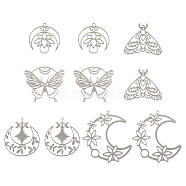 10Pcs 5 Style 201 Stainless Steel Pendants, Laser Cut, Butterfly/Moth/Moon Charm, Stainless Steel Color, 26~45.5x27~43x1mm, Hole: 1.2~1.8mm, 2pcs/style(STAS-PJ0001-47)