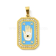 Ion Plating(IP) 304 Stainless Steel Pendants, with Enamel and Rhinestone, Rectangle with Tarot Charm, Real 18K Gold Plated, Deep Sky Blue, 32x19.5x2mm, Hole: 6.5x4mm(STAS-C101-08G-09)