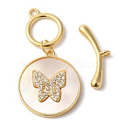 Brass Micro Pave Clear Cubic Zirconia Toggle Clasps, with Shell, Butterfly, Real 18K Gold Plated, 7x19x3mm, Hole: 1.5mm, Pendant: 19.5x17x2.5mm, Ring: 13x10.5x1.5, Hole: 1.5mm(KK-N254-92G)