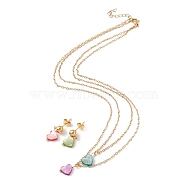 Synthetic Shell Heart Pendant Double Layer Neckalces and Dangle Stud Earrings, Gold Plated 304 Stainless Steel Jewelry Sets for Women, Colorful, 16.26~16.38 inch(41.3~41.6cm), 21.5~22mm, Pin: 0.8mm(SJEW-F217-03A-G)